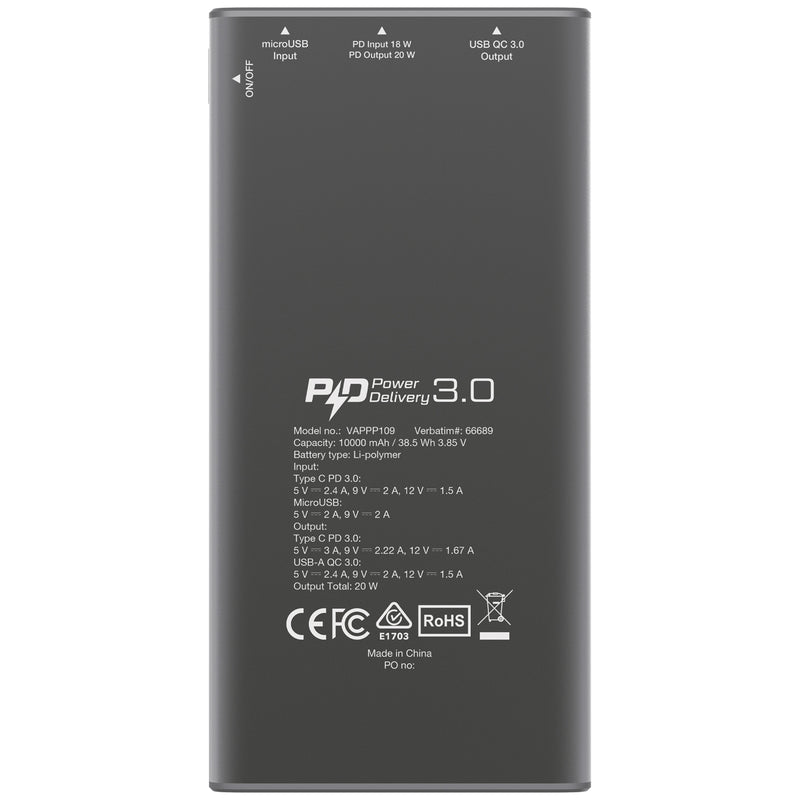 VERBATIM 10000mAh 20W PD & QC 3.0 Power Pack