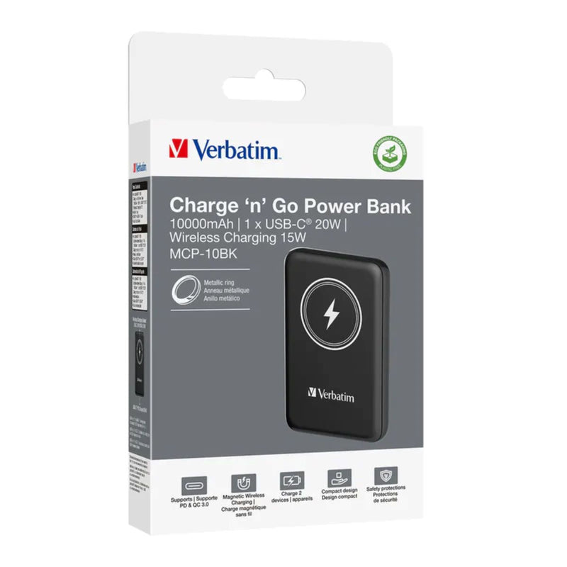 VERBATIM 10000mAh Magnetic Wireless Rechargeable Battery Power Bank