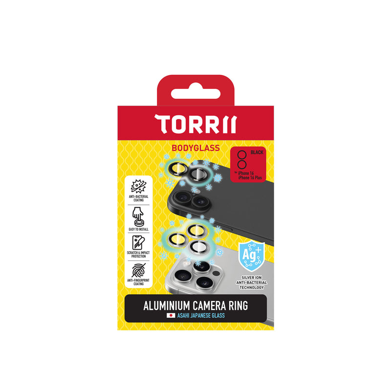 Torrii Anti-bacterial Coating BODYGLASS ALUMINIUM CAMERA RING for iPhone 16 / 16 Plus