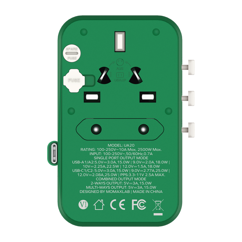 Momax 1-World+ 25W 3-插口 內建 USB-C 充電線 + AC 旅行充電插座