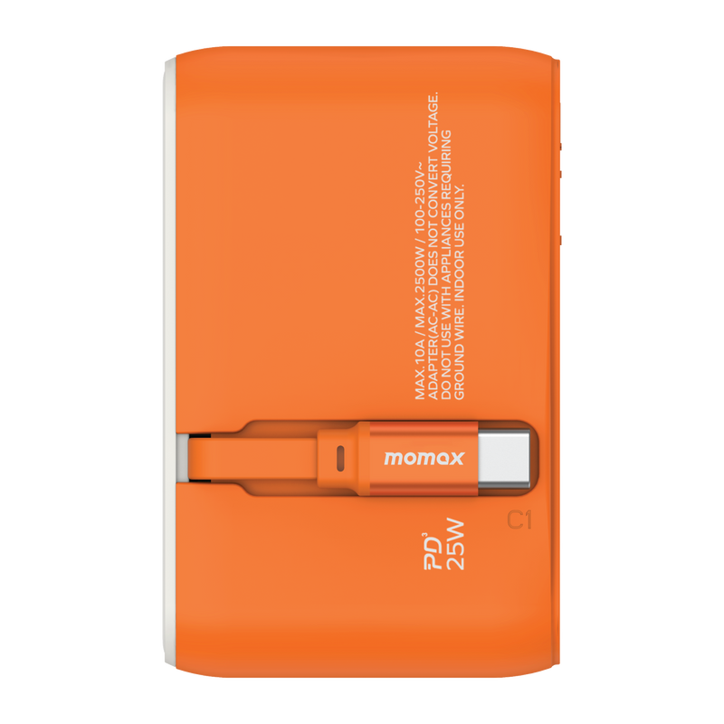 Momax 1-World+ 25W 3-插口 內建 USB-C 充電線 + AC 旅行充電插座