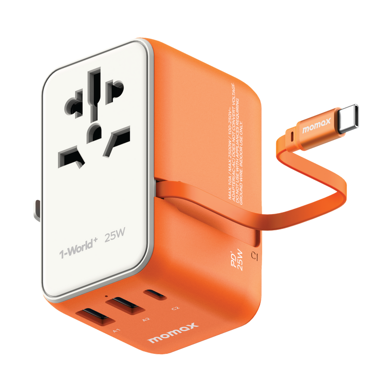 Momax 1-World+ 25W 3-插口 內建 USB-C 充電線 + AC 旅行充電插座