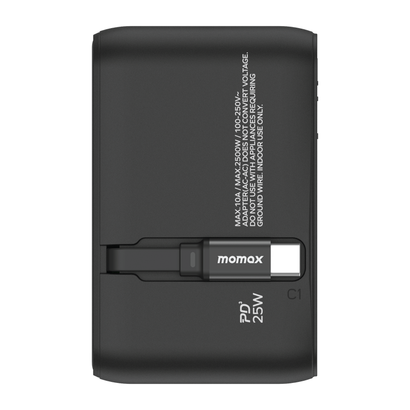 Momax 1-World+ 25W 3-插口 內建 USB-C 充電線 + AC 旅行充電插座