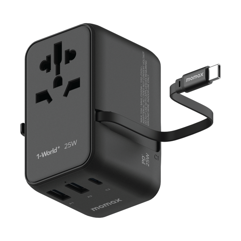 Momax 1-World+ 25W 3-插口 內建 USB-C 充電線 + AC 旅行充電插座