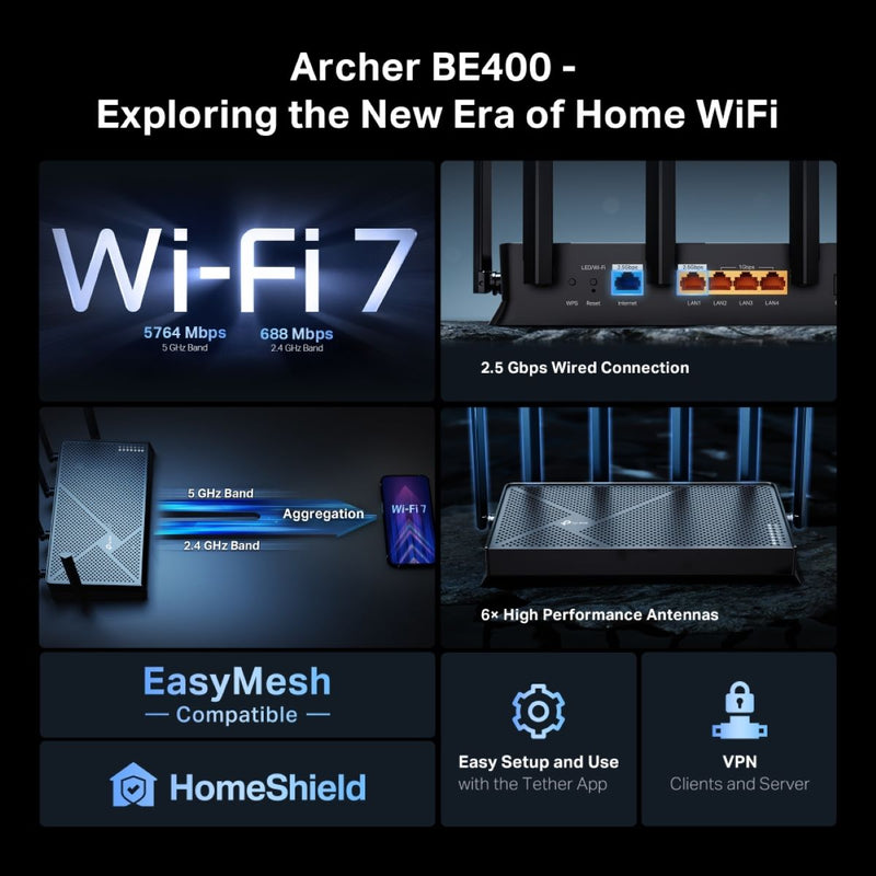 TP-Link Archer BE400 BE6500 Wi-Fi 7 雙頻EasyMesh路由器