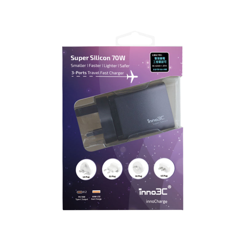 inno3C i-70WT Super Silicon 70W 3-Ports Travel Fast Charger