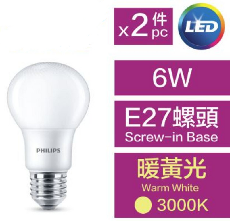 PHILIPS 飛利浦 LED 燈泡 - 球膽 6W 螺頭 E27 3000K 暖黃光 (2件裝)