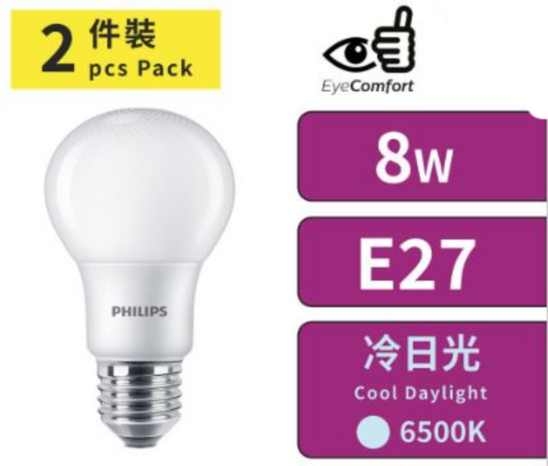 PHILIPS 飛利浦 LED 燈泡 - 球膽 8W 螺頭 E27 6500K 冷日光 (2件裝)